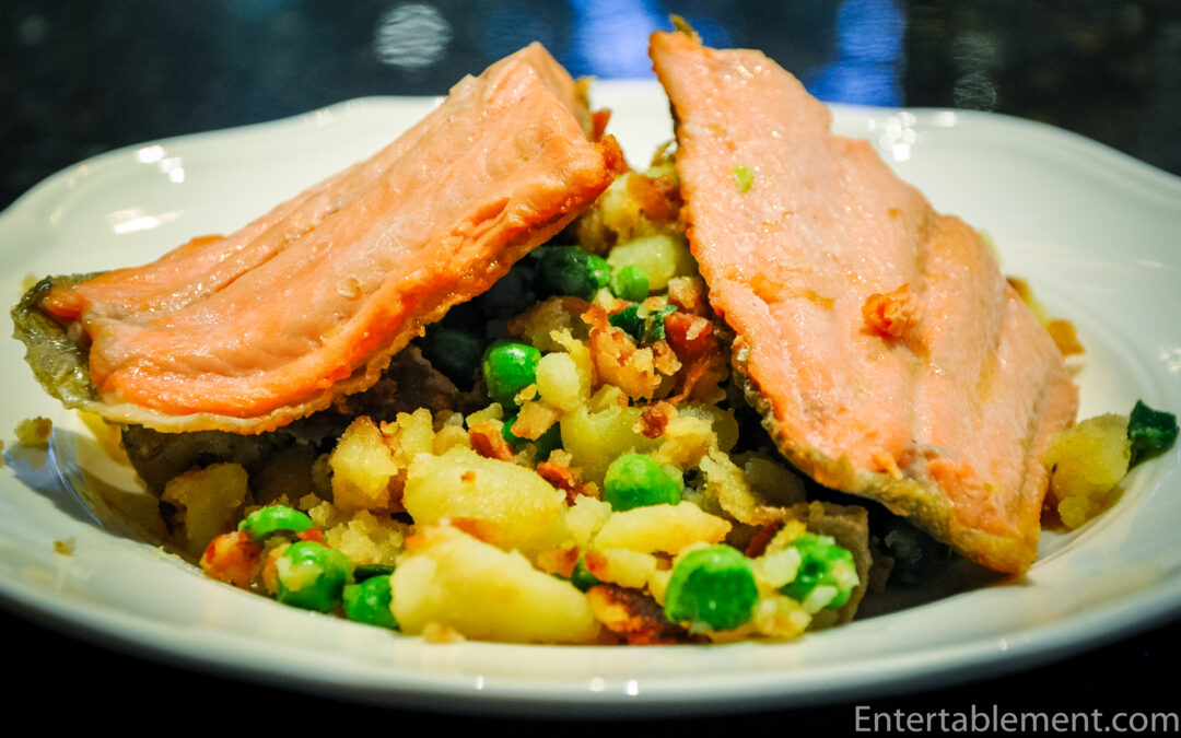 Trout with Smashed Fingerling Potatoes, Peas, Prosciutto & Pistachios