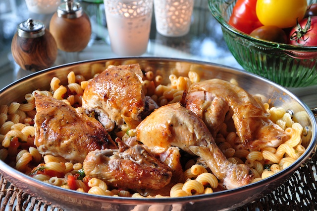 Ginger Roast Chicken and Elbow Macaroni With Tomatoes and Pan Sauce