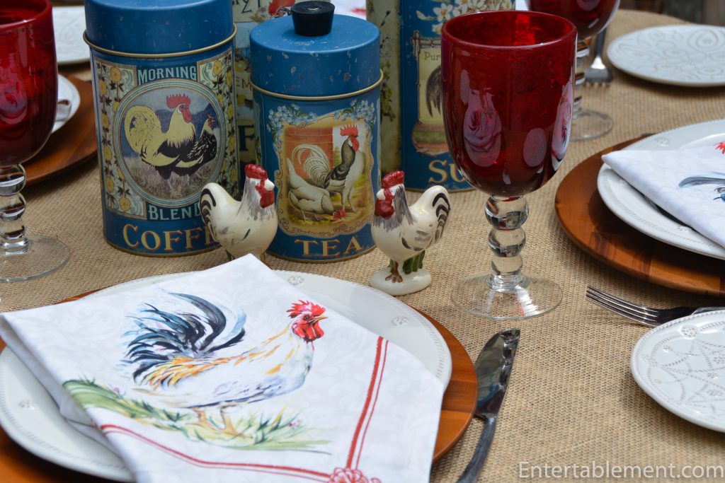 rooster canisters, salt and pepper and napkins