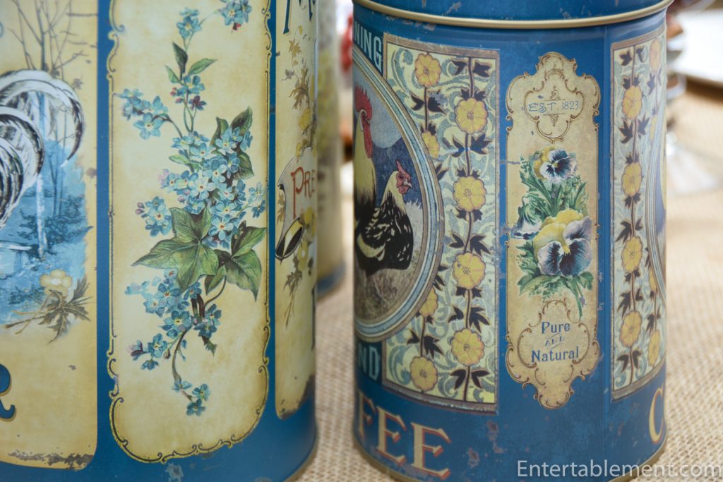 spring flowers on blue canisters