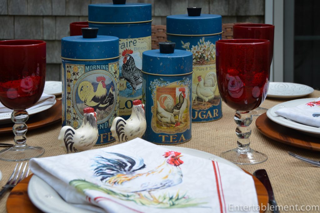 Roosters on French blue food canisters with rooster napkin 