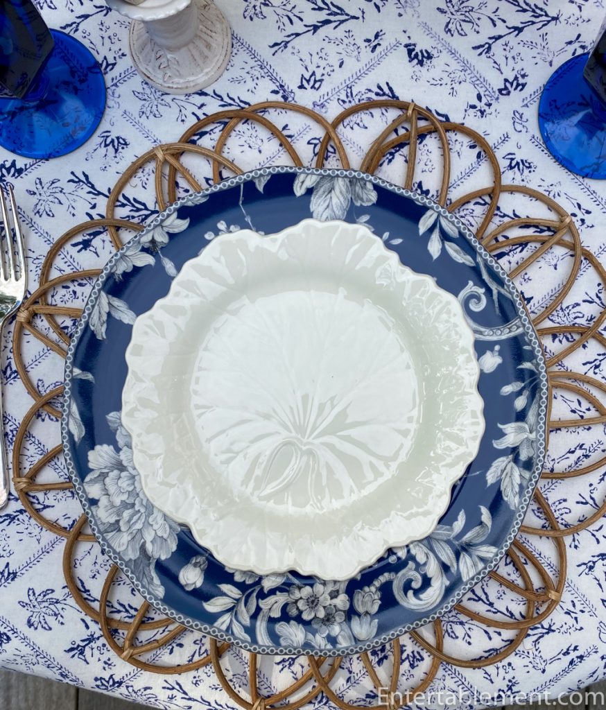 Closeup of cream Vintage Wedgwood Leaf plate on 222 Fifth Navy Adelaide Plate.