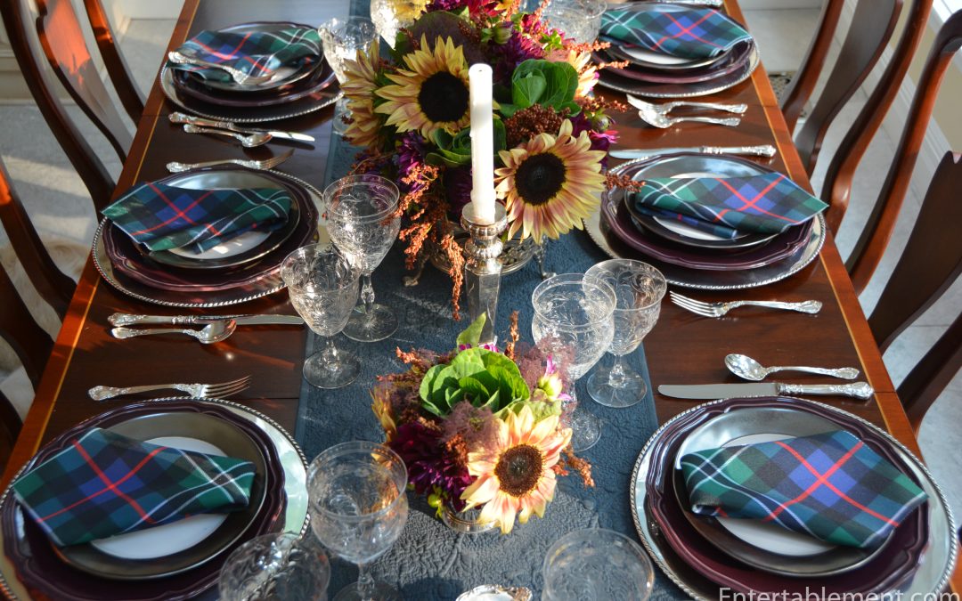Emerson with Plaid linens, Dahlias and Sunflowers