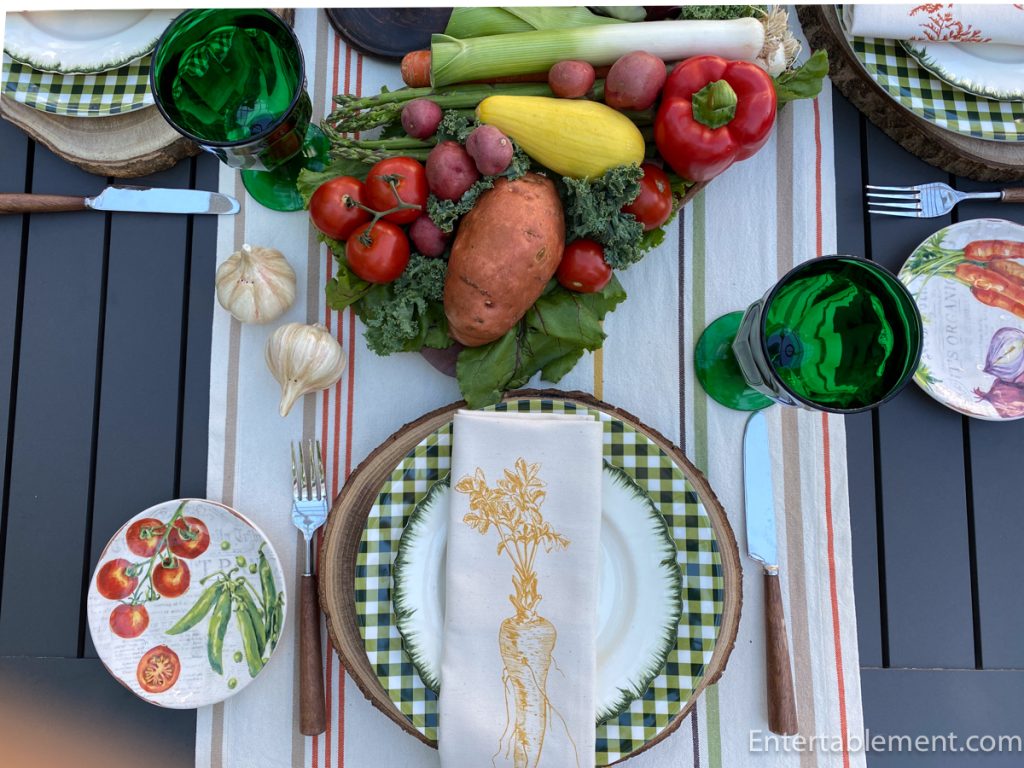 Highgrove vegetable napkins, Pier 1 Farmer's Market Plates, vegetable centrepiece, summer tablescape