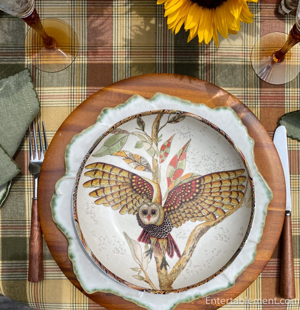 Intricate owl in flight design on pasta bowl with autumn leaves and feathers.