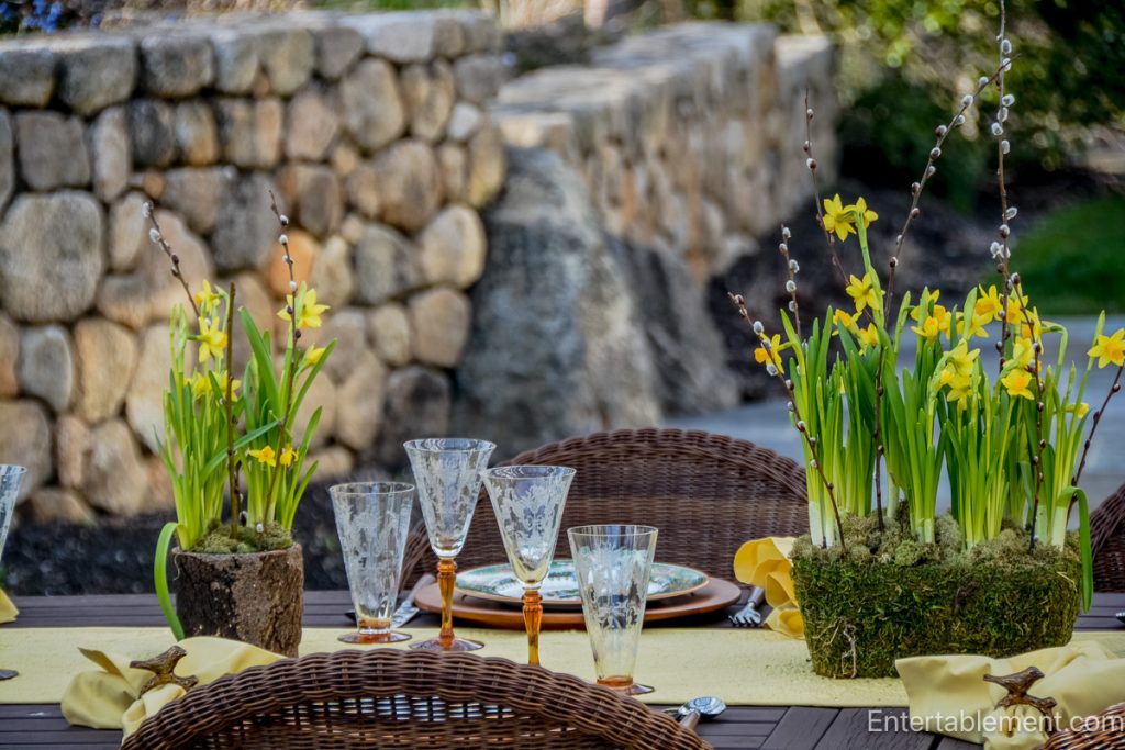 Amber Julia stemware with etched design on a spring-themed table setting.