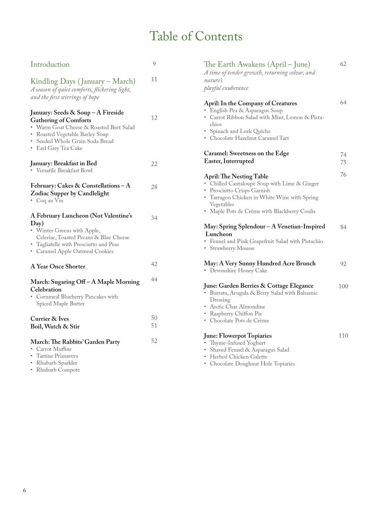 Table of contents from Entertablement—Twelve Months at the Table, listing seasonal chapters and menus.