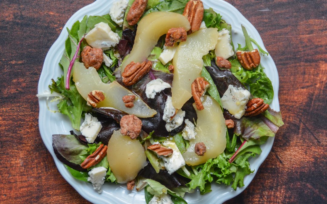 Poached Pear, Gorgonzola and Candied Pecan Salad