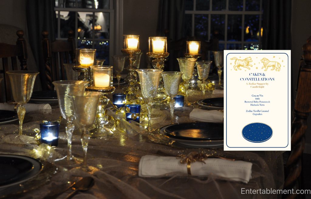 Two-page spread showing a winter tablescape with venetian glass and constellation plates from Twelve Months at the Table