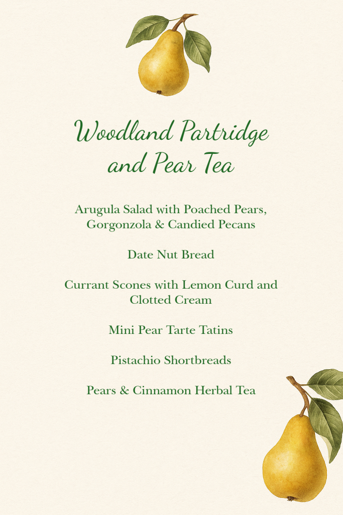 Woodland Partridge and Pear Tea menu card with pear illustrations and list of autumn tea dishes.