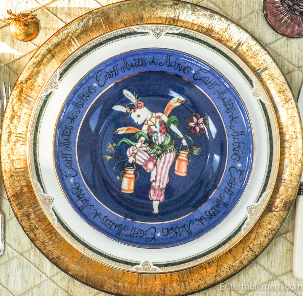 Anthropologie ‘Eight Maids a-Milking’ plate in navy with dancing milkmaid rabbit carrying pails.