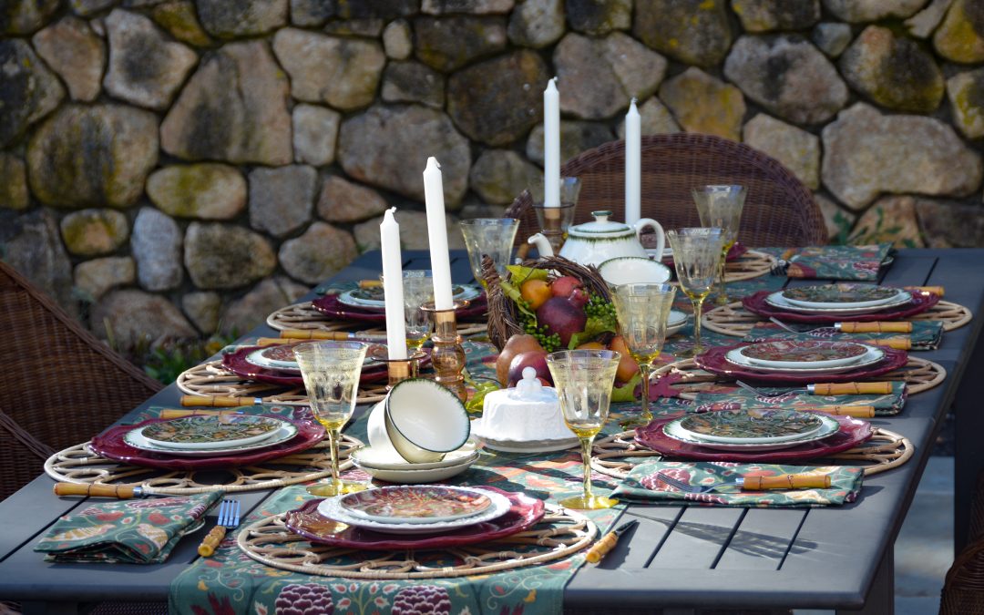 Morris & Co. Essex plates with Seasons by May table linens in rich autumn colours