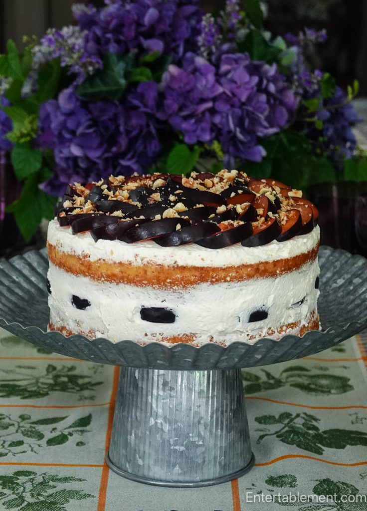 Plum Hazelnut Cream Cake served with Wedgwood Williamsburg Green tea service and loose leaf white tea for a late summer afternoon tea.