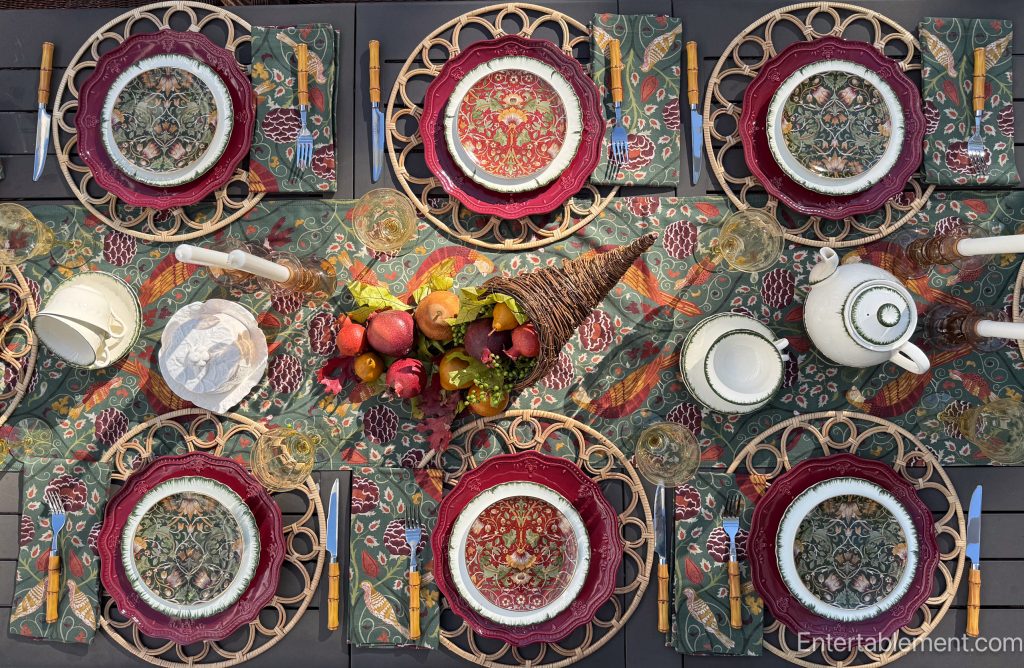 Morris & Co. Essex appetizer plates from Williams Sonoma in green and burgundy botanical patterns