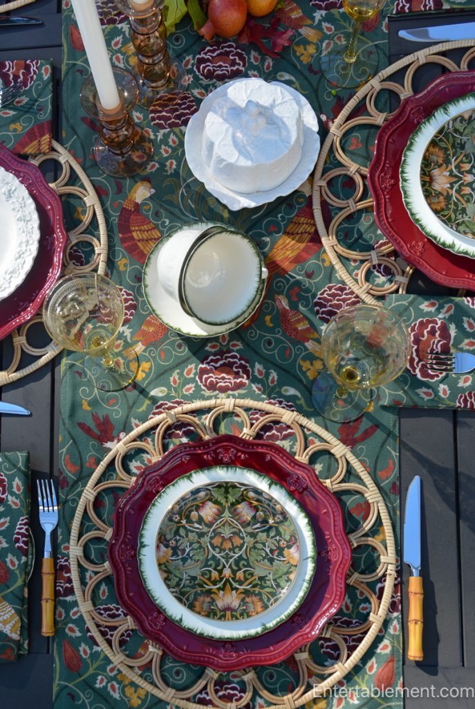 William Morris autumn table with amber Depression glass and richly patterned green linens